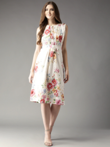 HERE&NOW Women White & Pink Lightweight Floral Print Fit & Flare Dress