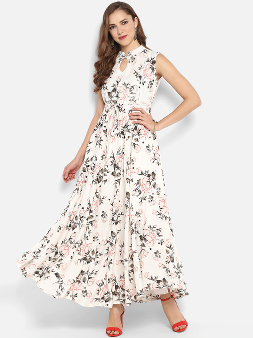 Janasya Women White Floral Print Maxi Dress