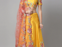 panchhi Mustard & Pink Embroidered Sequinned Semi-Stitched Lehenga & Unstitched Blouse With Dupatta -5