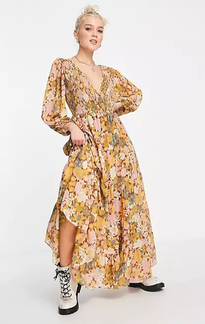 ASOS DESIGN shirred wrap tiered skirt maxi dress in mustard floral print