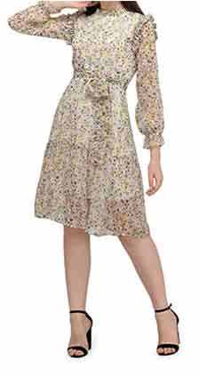 Serein Women's Midi Dress (Printed Chiffon Dress with Shoulder Ruffle Full Sleeve)