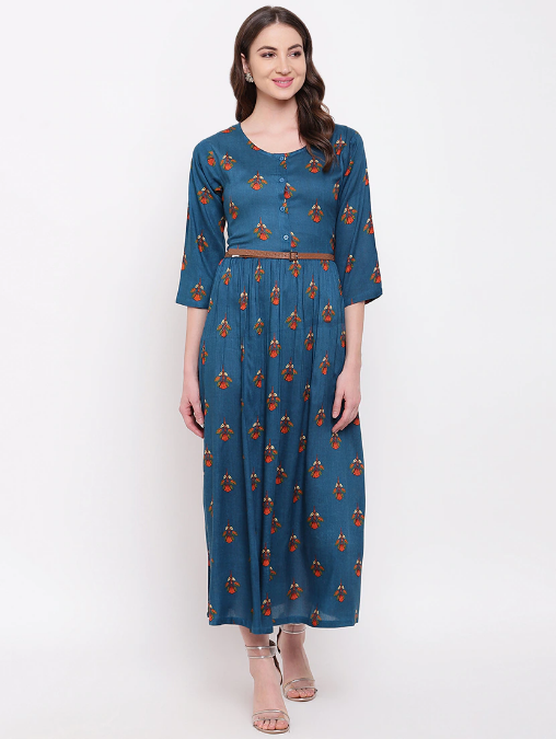 round neck floral belted maxi dress-Limeroad