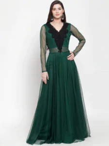 Just Wow Women Green Solid Net Maxi Dress