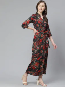 SIRIKIT Women Black & Red Printed Floral Print Crepe Belted Maxi Dress