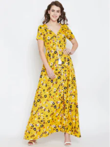 elegant berrylush yellow printed maxi dress nykaafashion