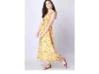 Yellow Floral Strappy Ruched Belted Maxi Dress 9gmart in India